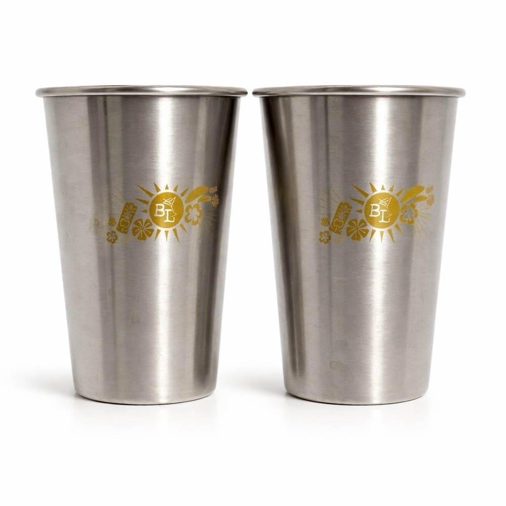 Vintage Stainless Steel Tiki Tumblers Set of 2 BL Sunburst Tropical Barware 5"